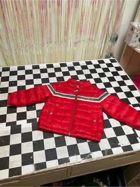 Moncler Red Quilted Puffer Jacket with Navy & White Stripes